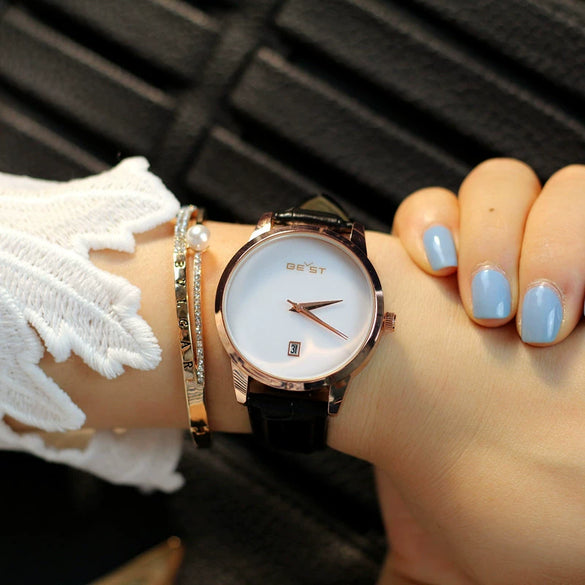Fashion Women's Alloy Case Genuine Leather Belt Round Dial Rose Gold Thin Simple Watch