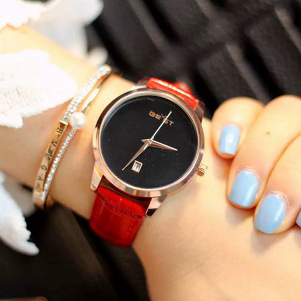 Fashion Women's Alloy Case Genuine Leather Belt Round Dial Rose Gold Thin Simple Watch