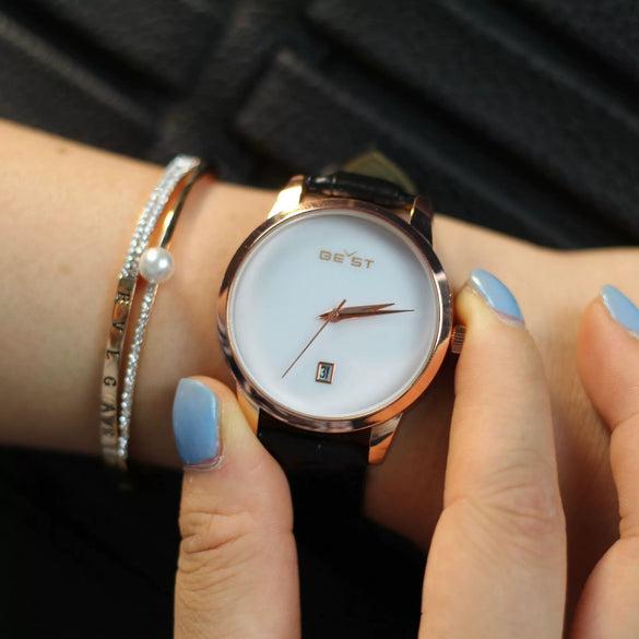 Fashion Women's Alloy Case Genuine Leather Belt Round Dial Rose Gold Thin Simple Watch