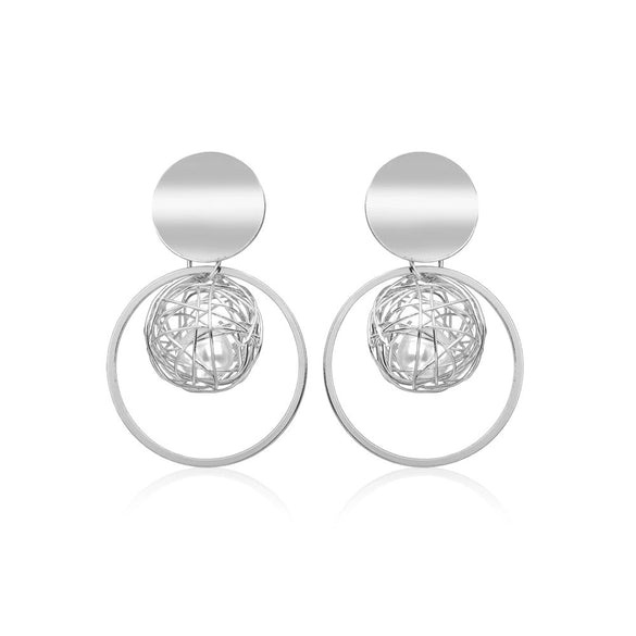 Fashion Women's Alloy Geometric Hollow Gold Wire Winding Ball Pearl Eardrop Ear Clip Earrings With Electroplating