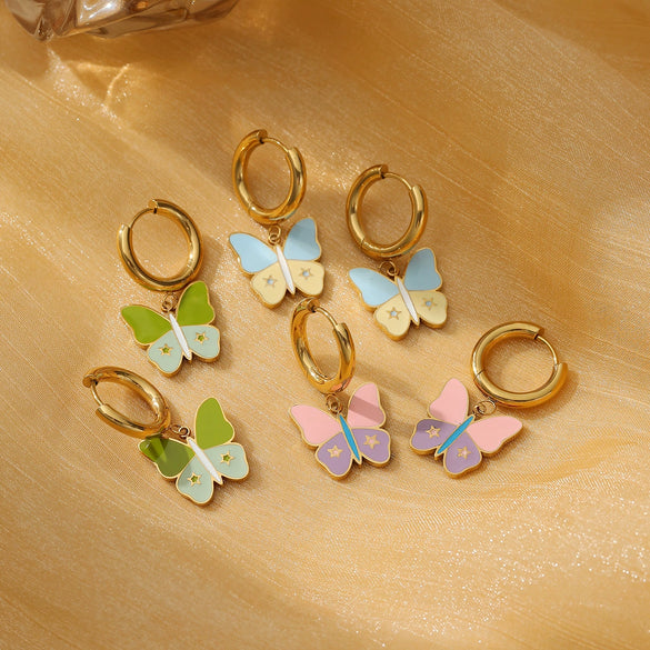 Fashion Women's Butterfly Titanium Steel And Stainless Steel Earrings With Oil Dropping And Electroplating