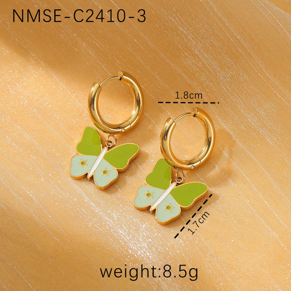 Fashion Women's Butterfly Titanium Steel And Stainless Steel Earrings With Oil Dropping And Electroplating