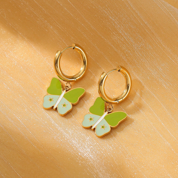 Fashion Women's Butterfly Titanium Steel And Stainless Steel Earrings With Oil Dropping And Electroplating