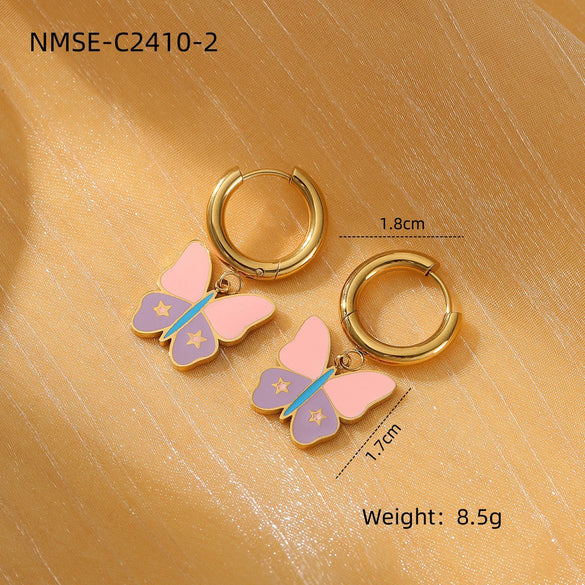Fashion Women's Butterfly Titanium Steel And Stainless Steel Earrings With Oil Dropping And Electroplating