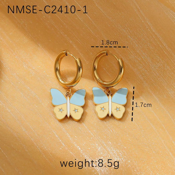 Fashion Women's Butterfly Titanium Steel And Stainless Steel Earrings With Oil Dropping And Electroplating