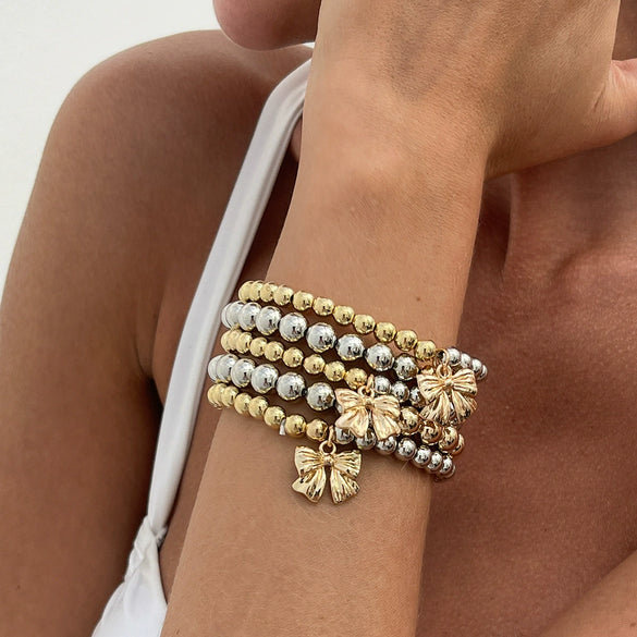Fashion Women's Ccballoy Geometric And Bow Patterned Beaded Bracelet With Electroplating