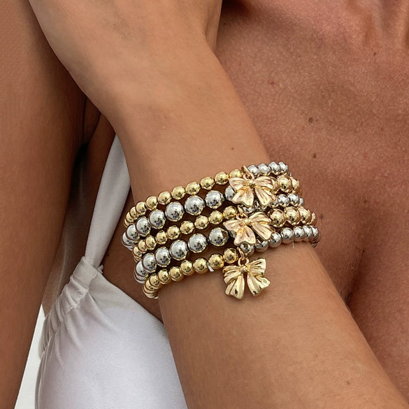 Fashion Women's Ccballoy Geometric And Bow Patterned Beaded Bracelet With Electroplating