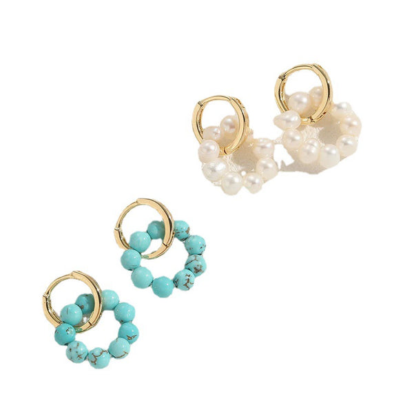 Fashion Women's Freshwater Pearl Natural Stone Copper 14K Gold Plated Geometric Earrings