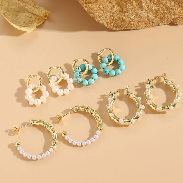 Fashion Women's Freshwater Pearl Natural Stone Copper 14K Gold Plated Geometric Earrings