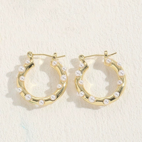 Fashion Women's Freshwater Pearl Natural Stone Copper 14K Gold Plated Geometric Earrings