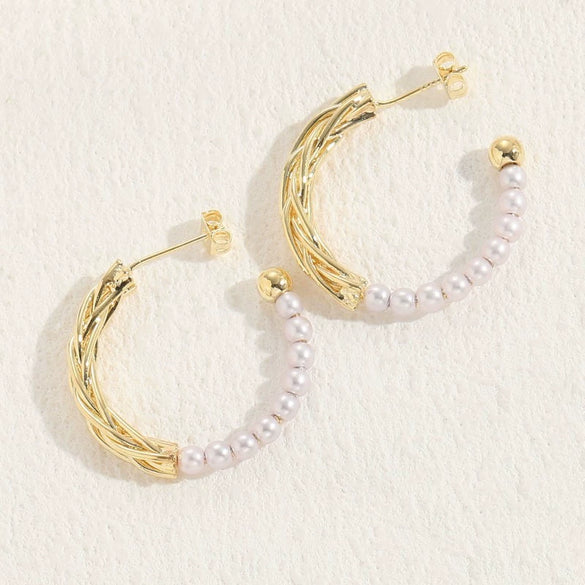 Fashion Women's Freshwater Pearl Natural Stone Copper 14K Gold Plated Geometric Earrings
