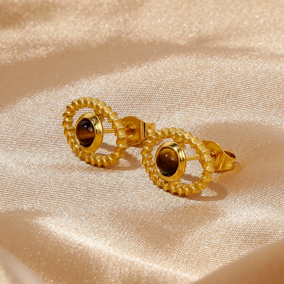 Fashion Women's Geometric Stainless Steel Electroplated Brown Gemstone Earrings