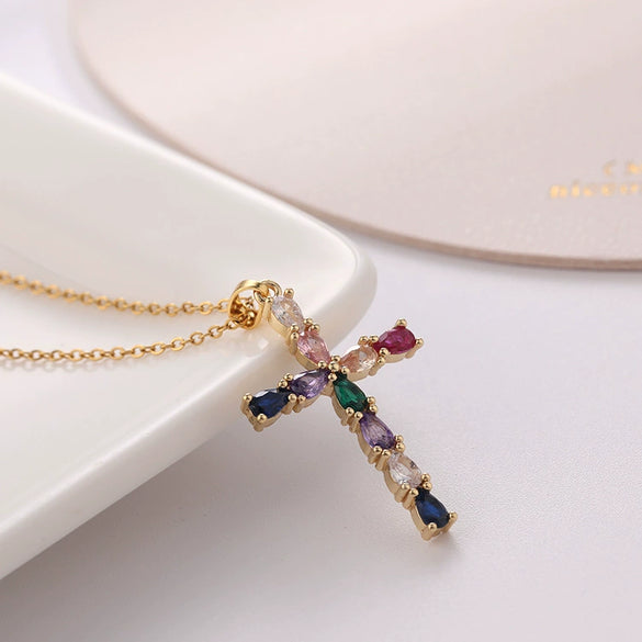 Fashion Women's Jewelry Copper Real Gold Electroplated Microinlay Colorful Zircon Water Drops Cross Necklace