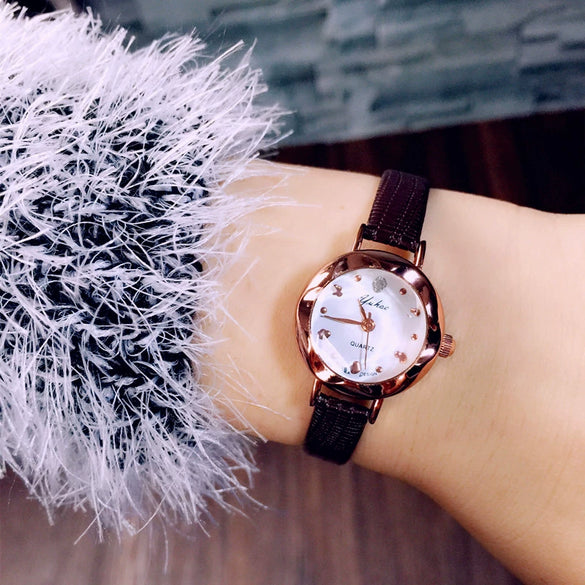 Fashion Women's Metal Case Imitation Leather Strap Round Dial Quartz Watch