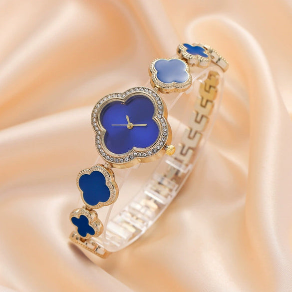 Fashion Women's Metal Petals Fourleaf Clover Flower Shape Quartz Watch Bracelet