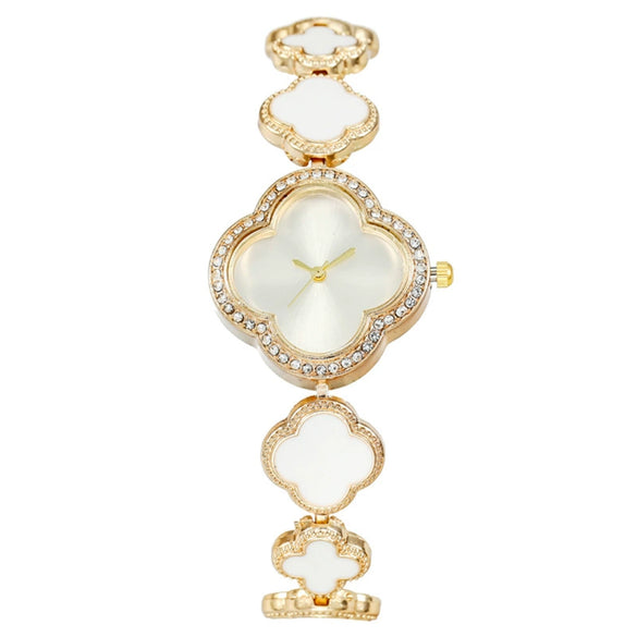 Fashion Women's Metal Petals Fourleaf Clover Flower Shape Quartz Watch Bracelet