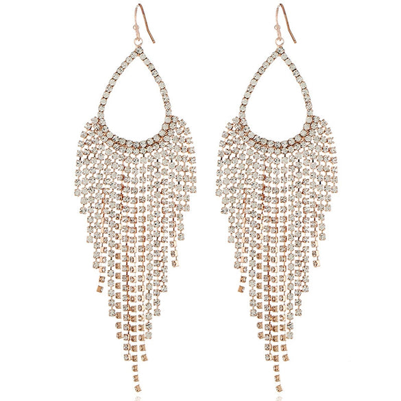 Fashion Women’s Metal Water Drop Wave Tassel Earrings With Rhinestone Claw Chain And Full Diamond Inlay