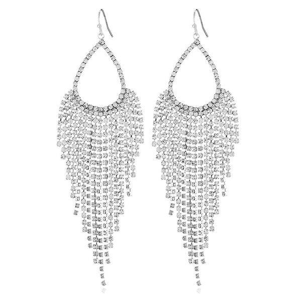Fashion Women’s Metal Water Drop Wave Tassel Earrings With Rhinestone Claw Chain And Full Diamond Inlay