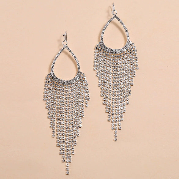 Fashion Women’s Metal Water Drop Wave Tassel Earrings With Rhinestone Claw Chain And Full Diamond Inlay
