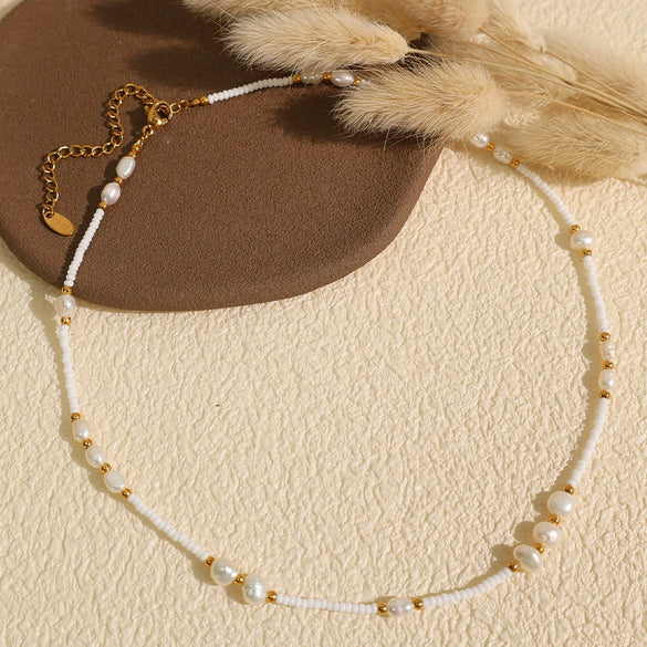 Fashion Women's Natural Pearl 316L Stainless Steel Electroplated Clavicle Chain Necklace
