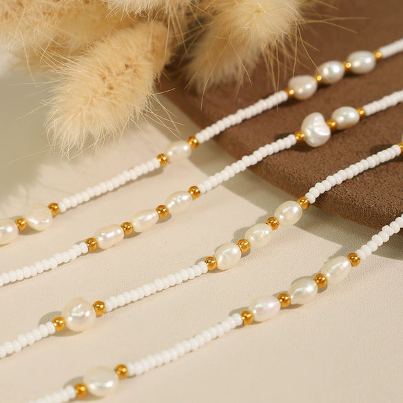 Fashion Women's Natural Pearl 316L Stainless Steel Electroplated Clavicle Chain Necklace