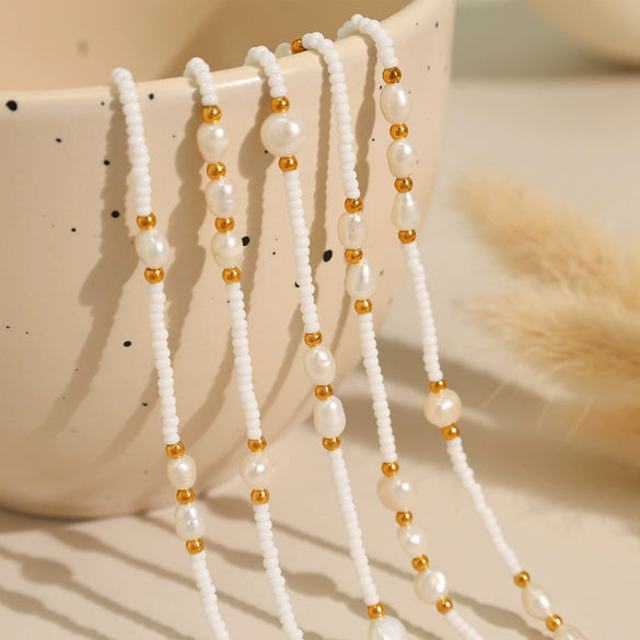 Fashion Women's Natural Pearl 316L Stainless Steel Electroplated Clavicle Chain Necklace