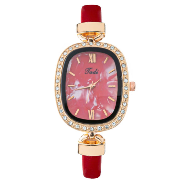 Fashion Women's Oval Alloy Case Imitation Leather Strap Quartz Watch With Stainless Steel Pin Buckle