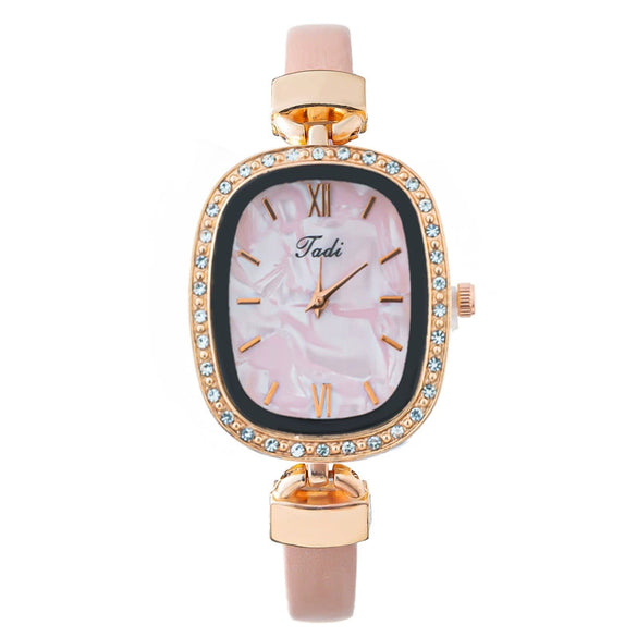Fashion Women's Oval Alloy Case Imitation Leather Strap Quartz Watch With Stainless Steel Pin Buckle