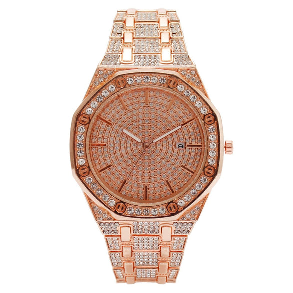 Fashion Women's Quartz Watch With Diamond Round Dial Metal Case And Strap Single Folding Buckle