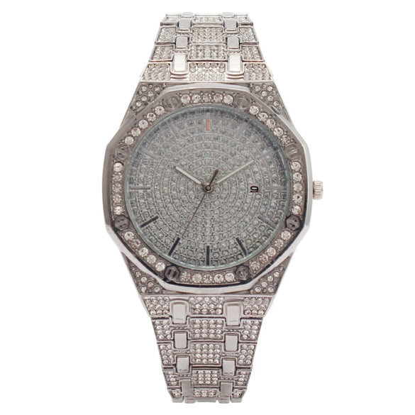 Fashion Women's Quartz Watch With Diamond Round Dial Metal Case And Strap Single Folding Buckle