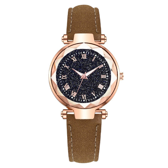 Fashion Women's Quartz Watch With Starry Sky Roman Pattern Leather Strap Alloy Case