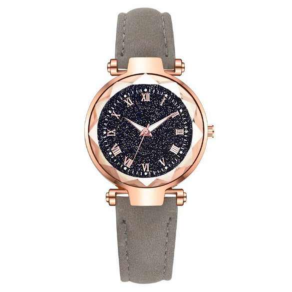 Fashion Women's Quartz Watch With Starry Sky Roman Pattern Leather Strap Alloy Case