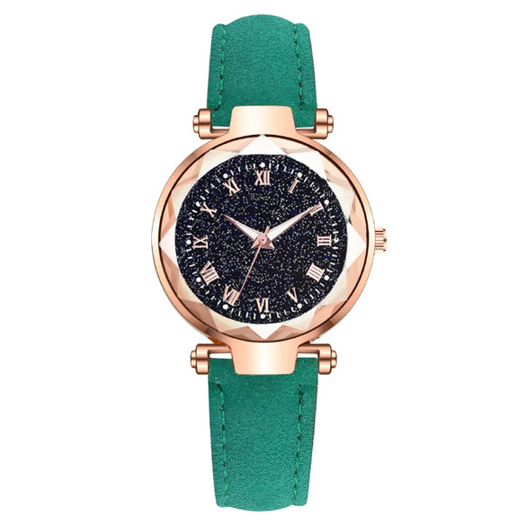 Fashion Women's Quartz Watch With Starry Sky Roman Pattern Leather Strap Alloy Case