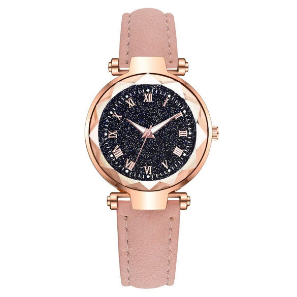 Fashion Women's Quartz Watch With Starry Sky Roman Pattern Leather Strap Alloy Case