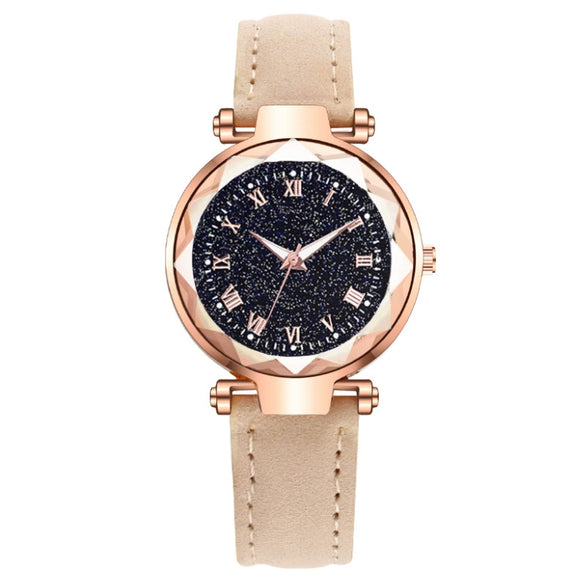 Fashion Women's Quartz Watch With Starry Sky Roman Pattern Leather Strap Alloy Case