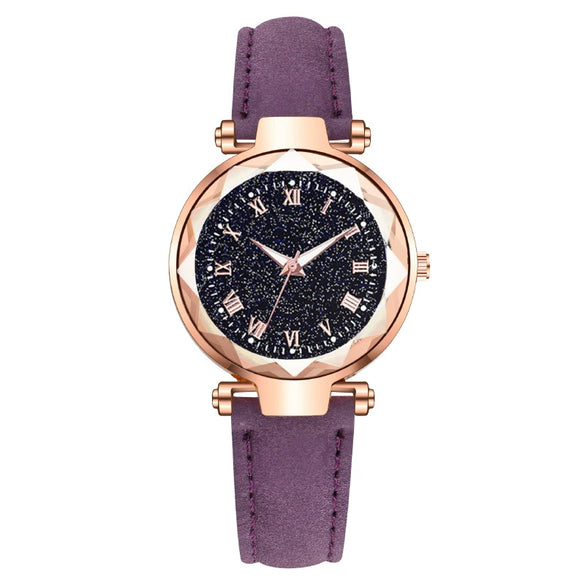 Fashion Women's Quartz Watch With Starry Sky Roman Pattern Leather Strap Alloy Case