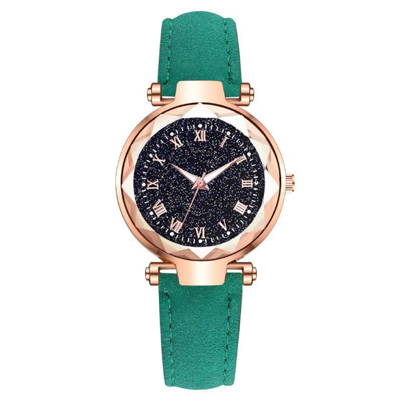 Fashion Women's Quartz Watch With Starry Sky Roman Pattern Leather Strap Alloy Case