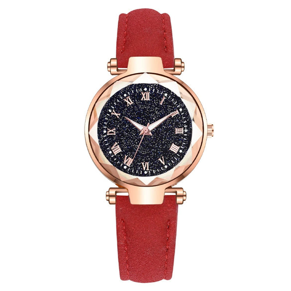 Fashion Women's Quartz Watch With Starry Sky Roman Pattern Leather Strap Alloy Case