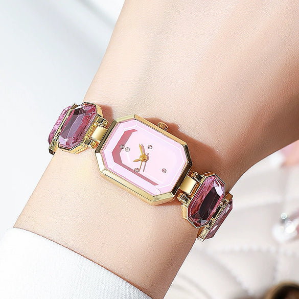 Fashion Women's Small Sugar Watch Bracelet With Large Gem Zinc Alloy Case Imitation Leather Strap Stainless Steel Buckle Round Dial Mineral Reinforced Glass Mirror Onion Crown