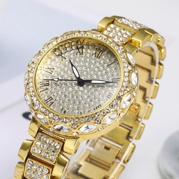 Fashion Women's Watch With Roman Pattern Diamondencrusted Metal Case And Strap Copper Clasp Round Dial Mineral Strengthened Glass Mirror