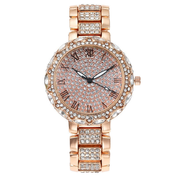 Fashion Women's Watch With Roman Pattern Diamondencrusted Metal Case And Strap Copper Clasp Round Dial Mineral Strengthened Glass Mirror