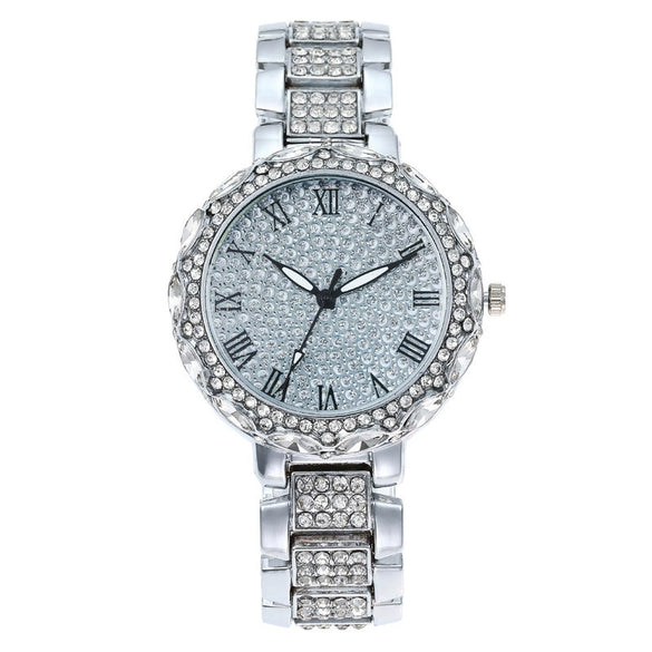 Fashion Women's Watch With Roman Pattern Diamondencrusted Metal Case And Strap Copper Clasp Round Dial Mineral Strengthened Glass Mirror
