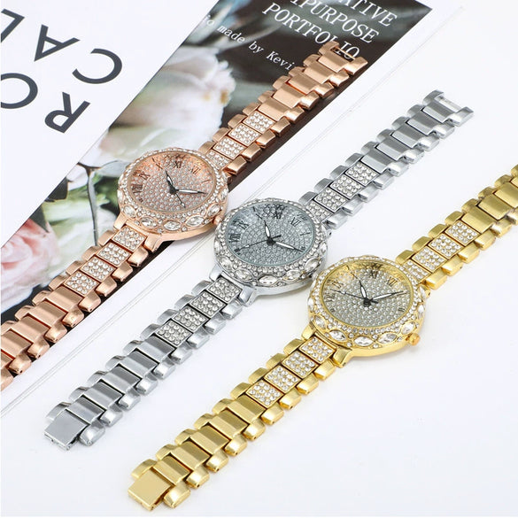 Fashion Women's Watch With Roman Pattern Diamondencrusted Metal Case And Strap Copper Clasp Round Dial Mineral Strengthened Glass Mirror