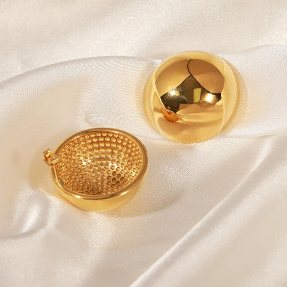 Fashionable All Match Golden Round Glossy Hollow Geometric Titanium Steel Electroplated Earrings For Women
