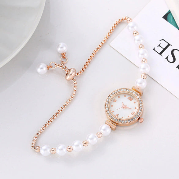 Fashionable Alloy Strap Round Dial Pullout Quartz Women's Watch With Imitation Pearl And Diamond