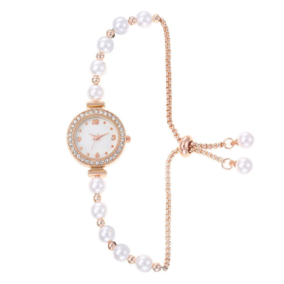 Fashionable Alloy Strap Round Dial Pullout Quartz Women's Watch With Imitation Pearl And Diamond