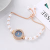 Fashionable Alloy Strap Round Dial Pullout Quartz Women's Watch With Imitation Pearl And Diamond
