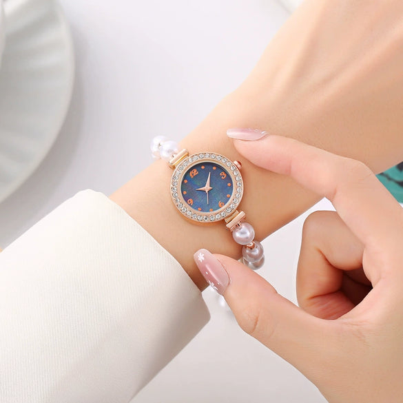 Fashionable Alloy Strap Round Dial Pullout Quartz Women's Watch With Imitation Pearl And Diamond