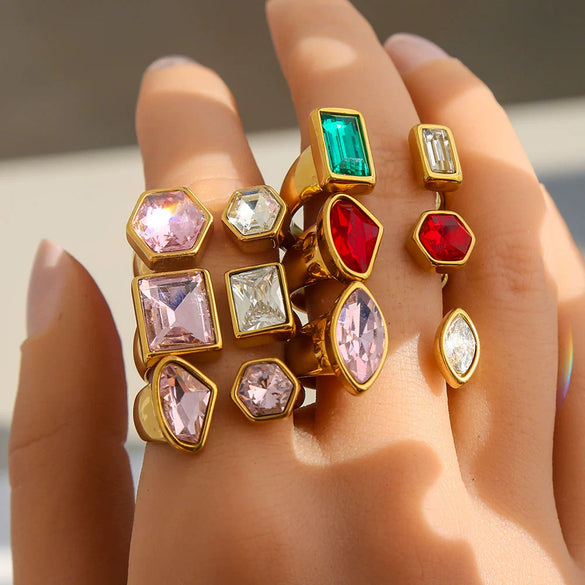 Fashionable Antique Electroplated Geometric Natural Semiprecious Stone Hexagonal Rhombus Ring Unisex Accessories