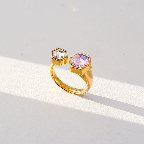 Fashionable Antique Electroplated Geometric Natural Semiprecious Stone Hexagonal Rhombus Ring Unisex Accessories